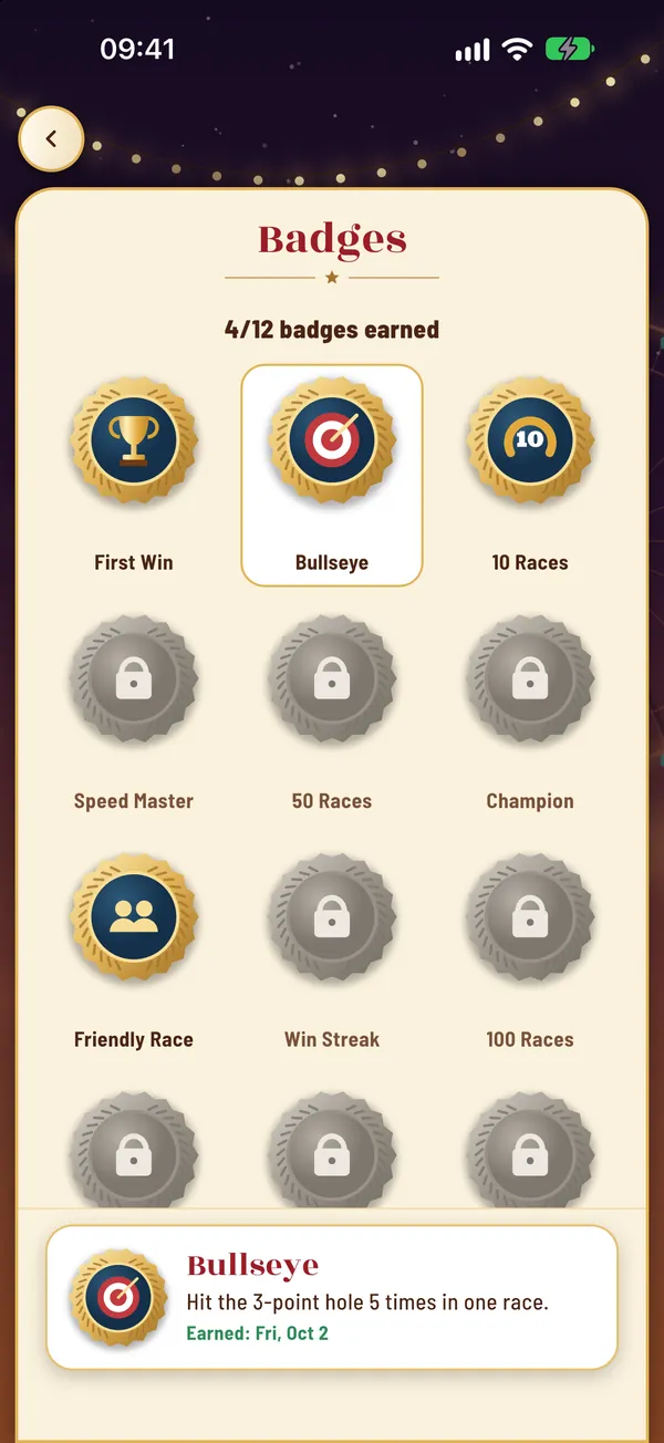 Badges screen: earned and locked badges