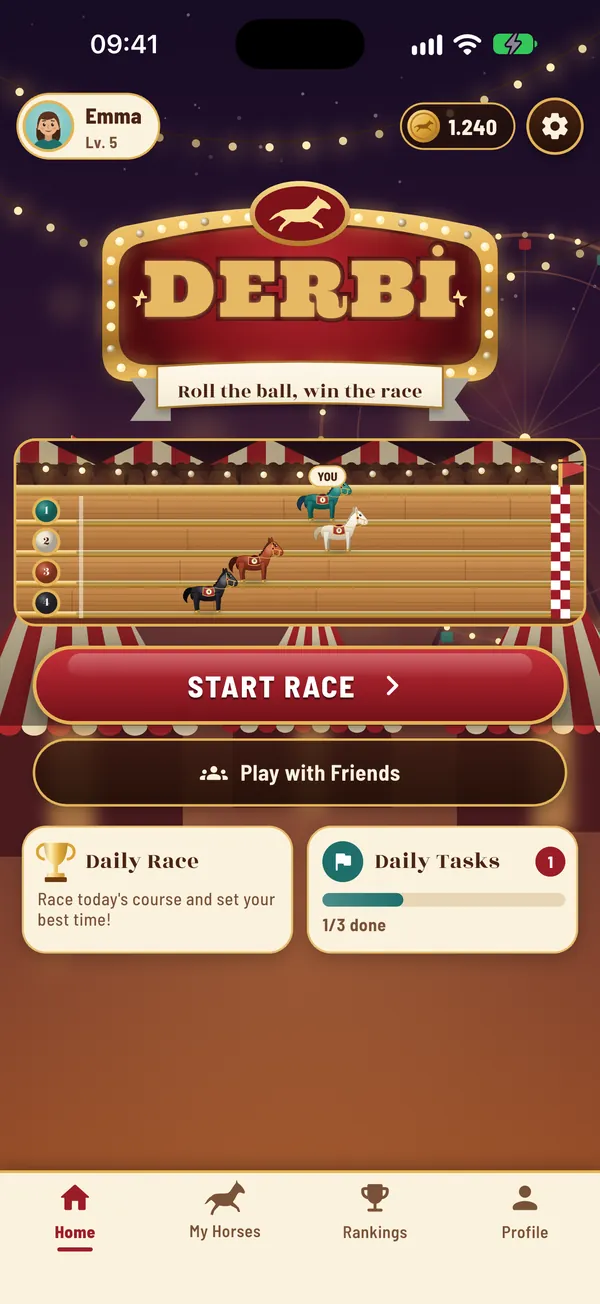 Derbi home screen: Start Race, Play with Friends, Daily Race and Daily Tasks