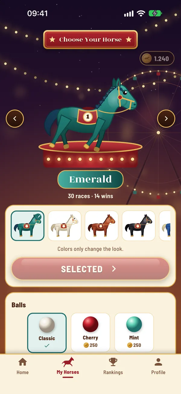 Choose Your Horse screen: Emerald selected, other horses and ball skins