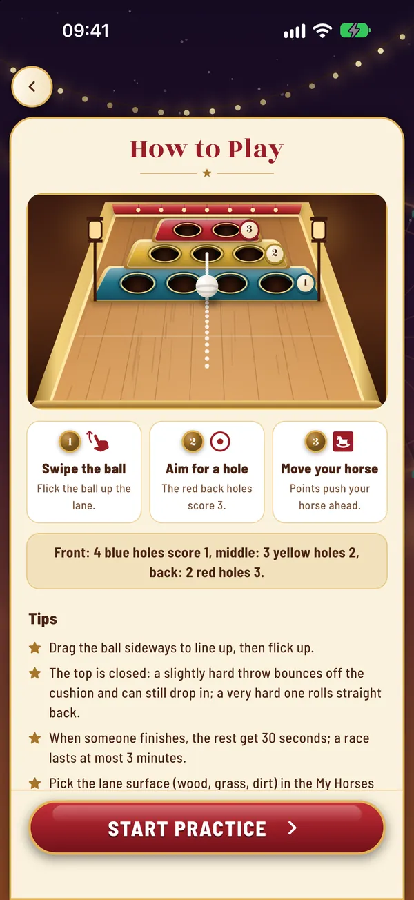 How to Play screen: a wooden lane with blue, yellow and red strips of holes; swipe the ball, aim for a hole, move your horse
