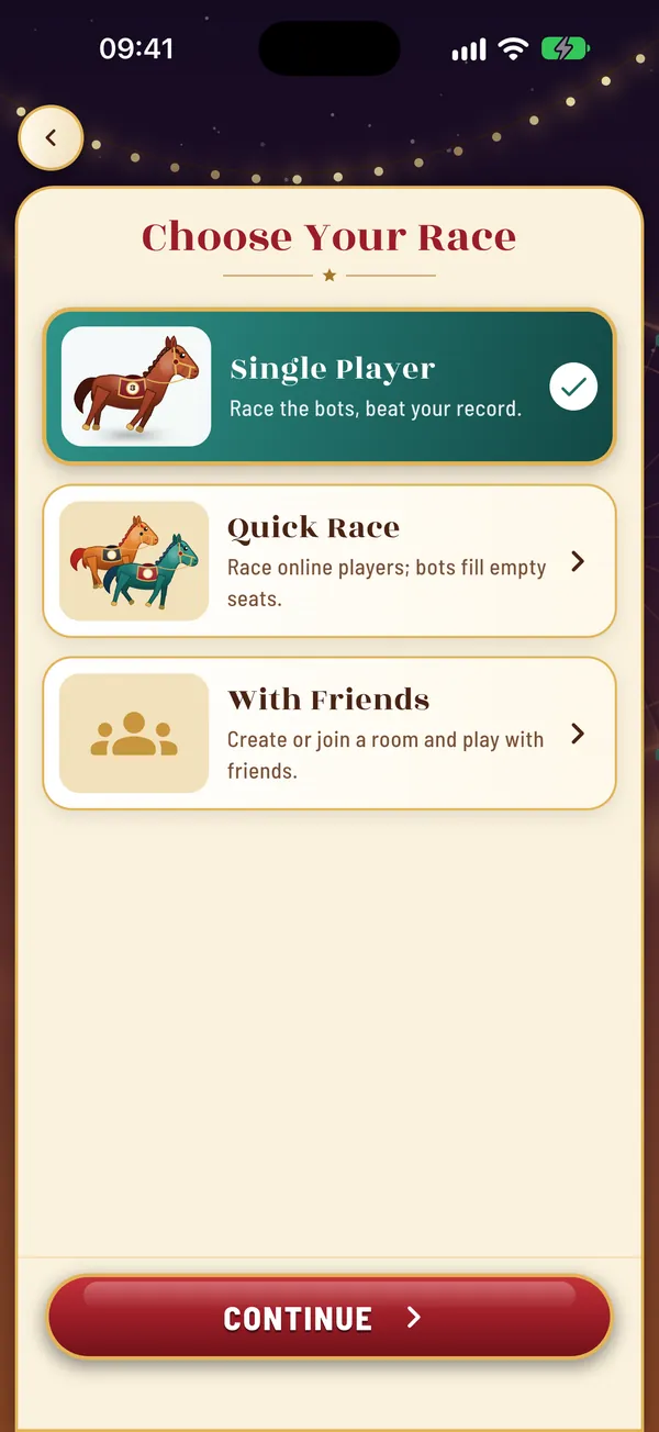 Choose Your Race screen: Single Player, Quick Race and With Friends