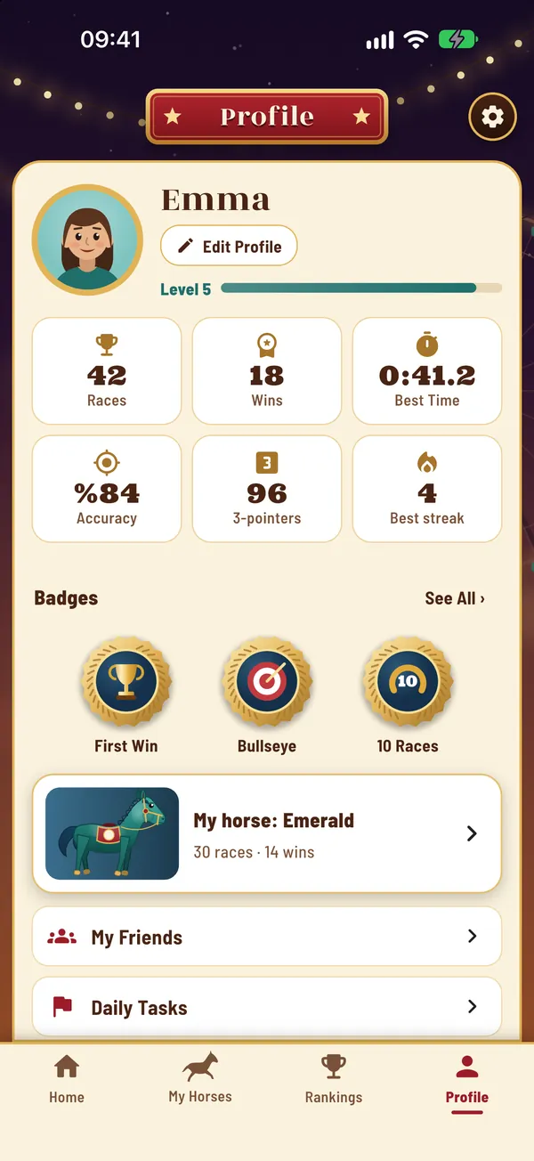 Profile: races, wins, best time, accuracy and badges