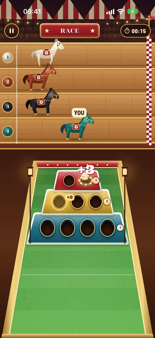 Race screen: four mechanical horses on the track above, a grass lane below with blue, yellow and red strips of 1, 2 and 3-point holes; the glowing golden hole scores double