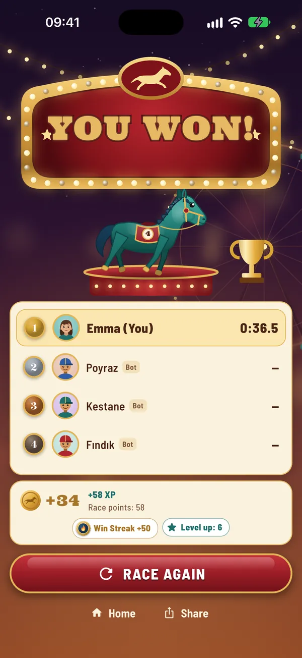 Results: You Won! sign, race times, tickets and XP earned