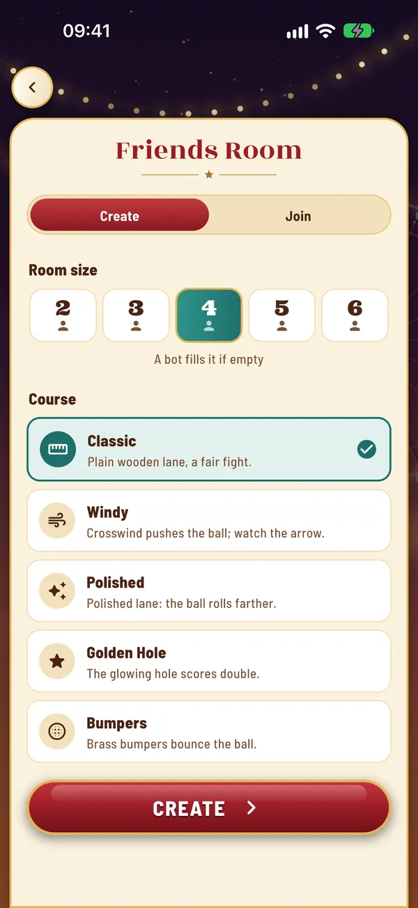 Friends Room: room size from 2 to 6 players and course selection