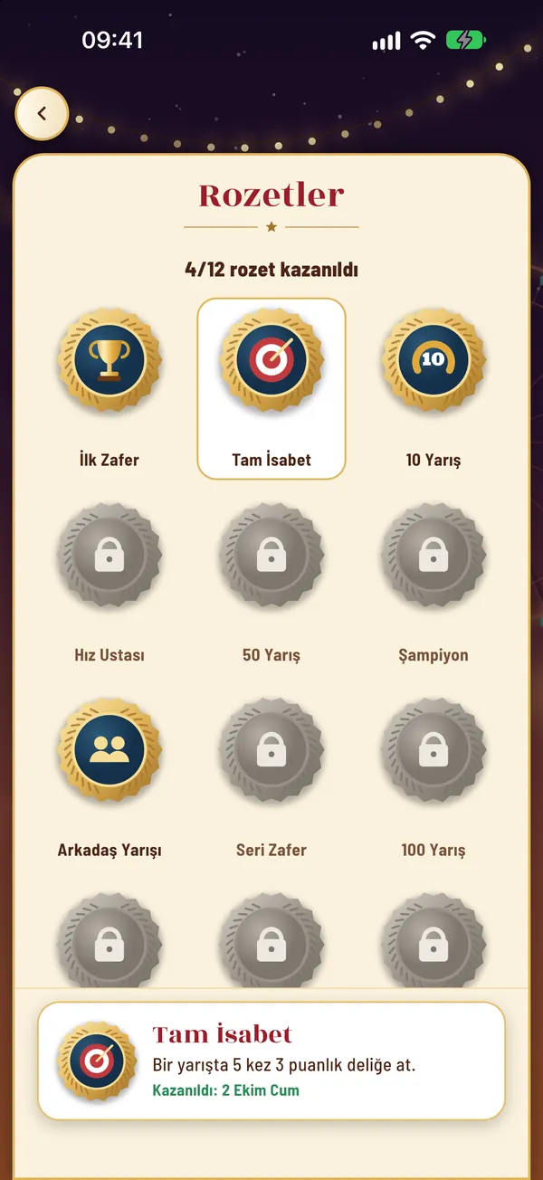 Rozetler ekranı: kazanılan ve kilitli rozetler