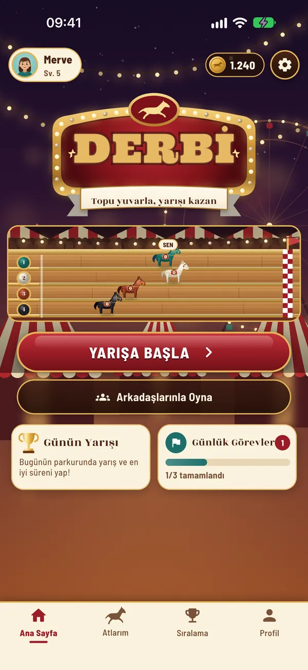 Derbi ana ekranı: Yarışa Başla, Arkadaşlarınla Oyna, Günün Yarışı ve Günlük Görevler
