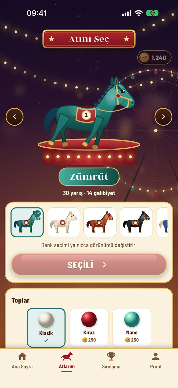 Atını Seç ekranı: seçili at Zümrüt, diğer atlar ve top görünümleri