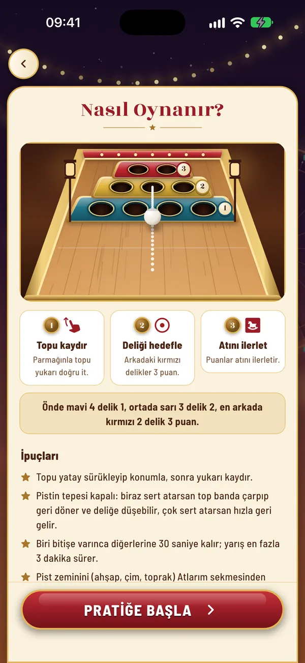 Nasıl Oynanır ekranı: mavi, sarı ve kırmızı delik şeritleriyle ahşap rampa; topu kaydır, deliği hedefle, atını ilerlet