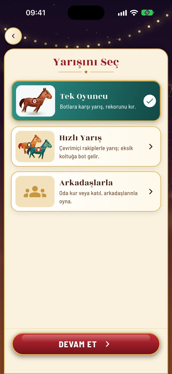 Yarışını Seç ekranı: Tek Oyuncu, Hızlı Yarış ve Arkadaşlarla