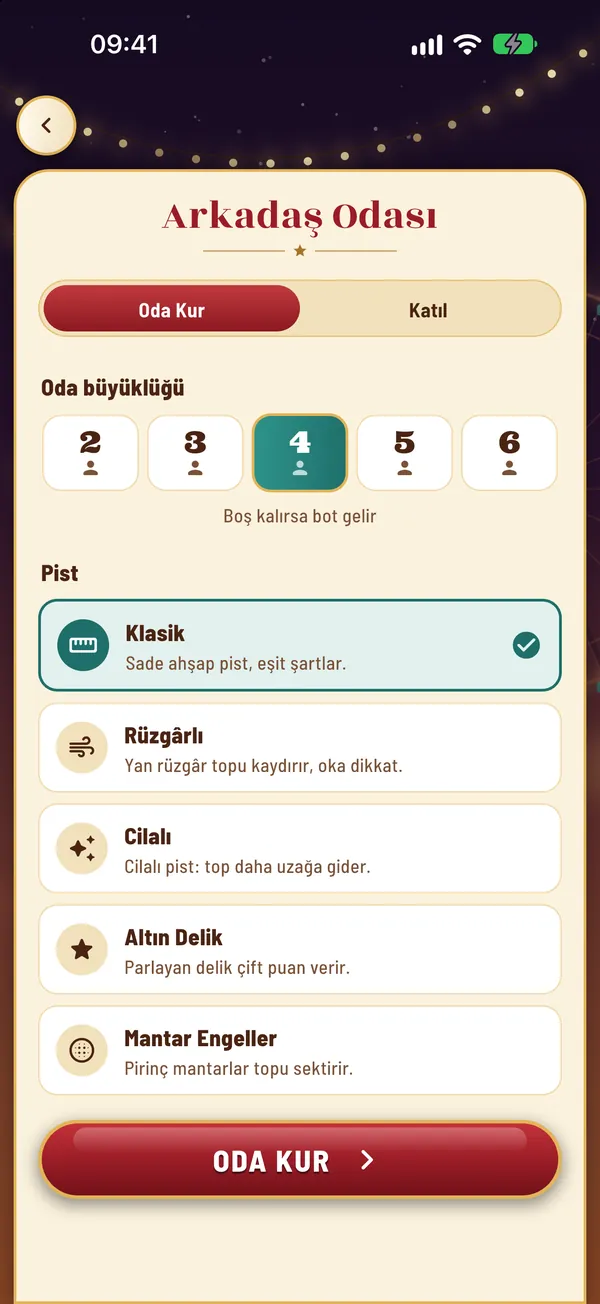 Arkadaş Odası: 2 ile 6 kişi arasında oda büyüklüğü ve pist seçimi