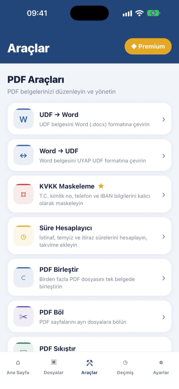 UDF Mobil araçlar ekranı: UDF'den Word'e, Word'den UDF'ye, KVKK maskeleme, süre hesaplayıcı, PDF araçları