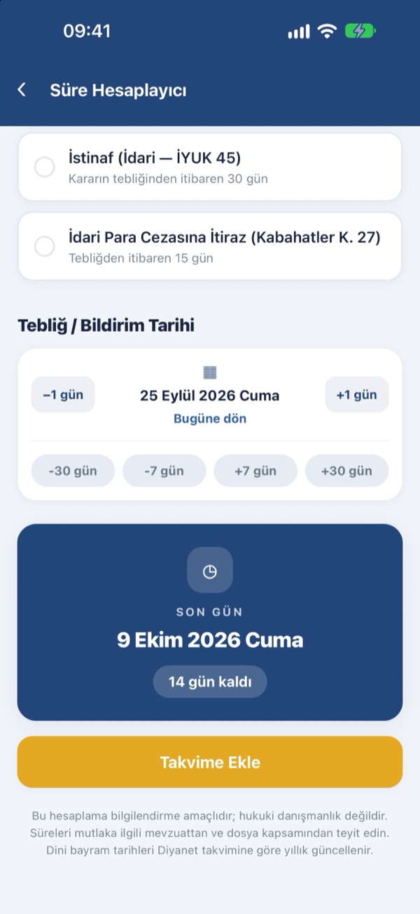 Süre hesaplayıcı: istinaf süresinin son günü